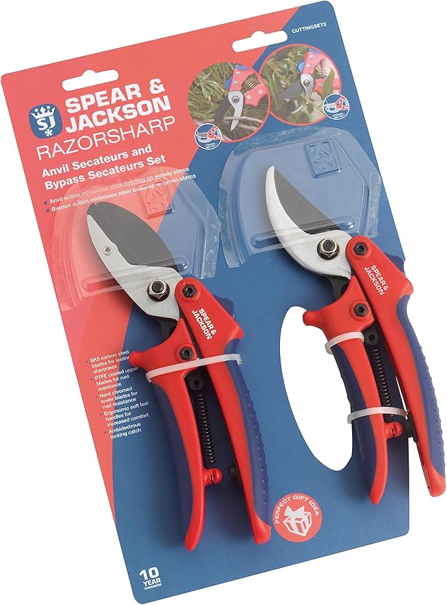 Spear & Jackson CUTTINGSET2 Bypass & Anvil Secateurs Set, Red