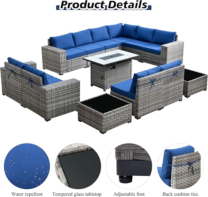 HOOOWOOO Outdoor Patio Sectional Furniture Sofa Set with Propane Fire Pit Table,13 Piece Large Modern Wicker Couch with Widened Armrest,Modular L Shaped Conversation Seating Set(Navy Blue)