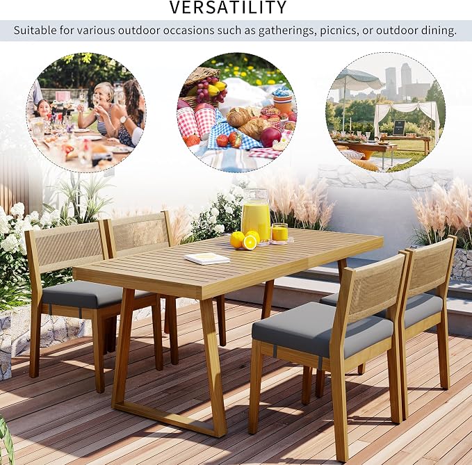 VilroCaz 5 Pieces Patio Dining Set, Acacia Wood Dining Table and Chair Set, All-Weather Outdoor Conversation Set Gathering Set with Thick Cushions for Garden Backyard Balcony (Gray+Acacia5)