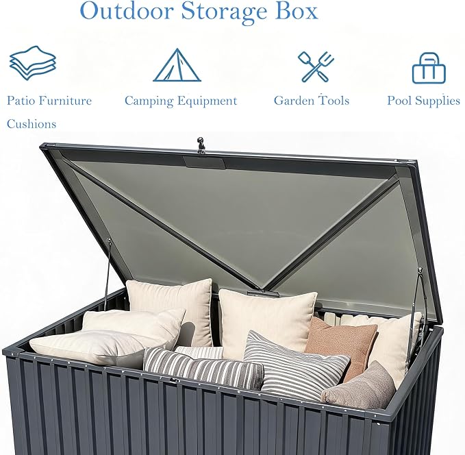 Garvee Outdoor Storage Box, 115 Gallon Waterproof Metal Storage Box, Outdoor Deck Boxes, UV Resistant Patio Storage Box with Lockable Lid for Patio Furniture Cushions, Pillows, Garden Tools, Blank