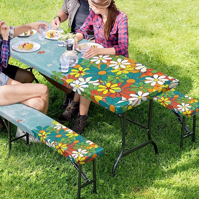 Daisy Picnic Table Cover with Bench Covers Reusable Rectangle Table Cover Outdoor Patio Camping Essentials 72 inch 3PCS Camping Fitted Tablecloth Ideal for Patio Party
