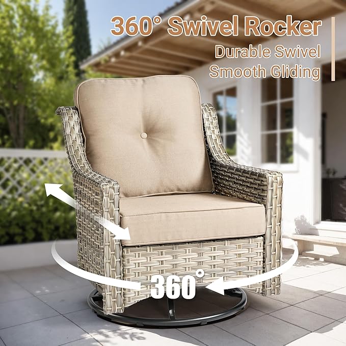 HOOOWOOO Patio Furniture Set,7 Pieces Wicker Outdoor Furniture,High Back Conversation Set with All Weather Resistant Fire Pit Table Couch Swivel Chairs Ottomans,Beige Tan