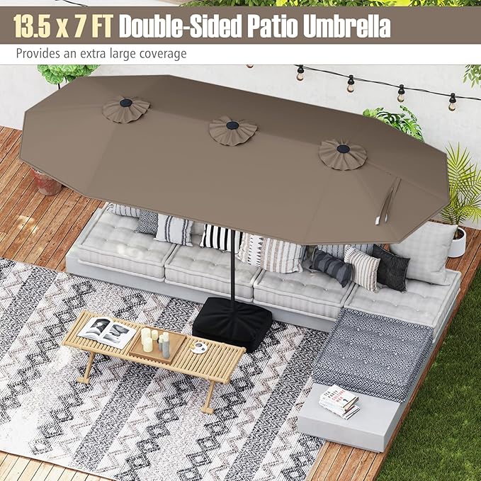 Tangkula 13FT Double-sided Patio Umbrella, Extra Large Twin Table Umbrella with Crank Handle, Umbrella Base, Safety Lock, Air Vent, Outdoor Market Umbrella for Garden Pool Backyard (Tan)