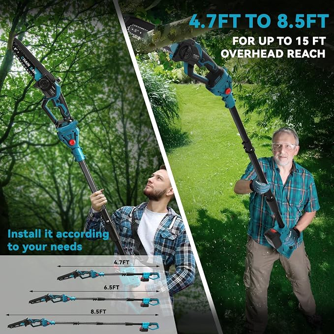2-In-1 Cordless 8 Inch Pole Saw & Chainsaw Compatible with Makita 18V Battery (No Battery), Brushless Electric Chainsaw with Extension Pole, 15ft Max Reach for Tree Trimming Branch Cutting