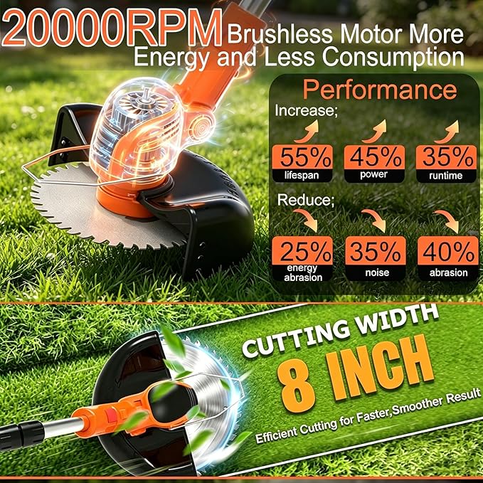 Cordles Weed Wacker, 21V Electric Weed Eater Battery Powered, No String Trimmer with Wheels & Metal Blades, Lightweight Grass Trimmer/Lawn Edger/Brush Cutter, Stringless Weed Trimmer for Yard Garden