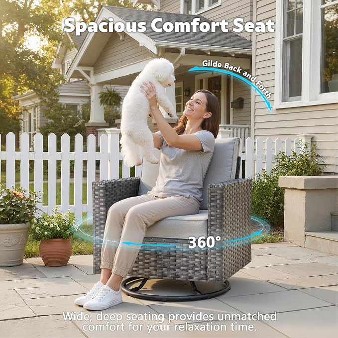 CAODOC 7-Piece Outdoor Wicker Patio Set with 7 Seats, Including 43" Fire Pit - Swivel Rocker Chairs and Conversation Set for Backyard or Lawn, Gray Rattan with Waterproof Gray Cushions