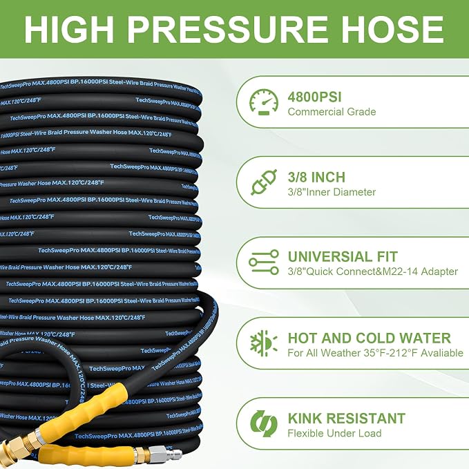 3/8" 4800PSI Pressure washer hose 50ft for cold and hot water Max 248°F with 3/8"quick connect Kink resistant Steel Wire Braided Power Washer Hose with M22 14mm Adapter，Blue