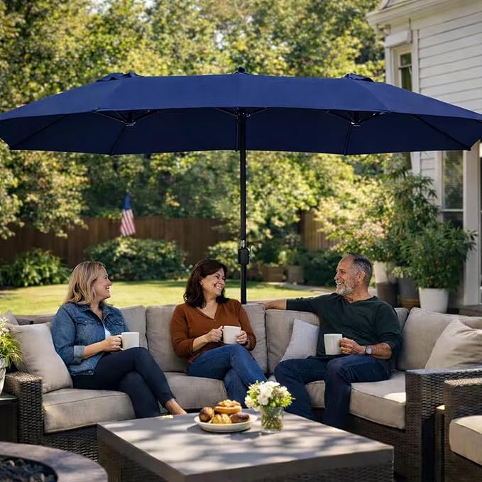 Kozyard 15 FT Double-Sided Rectangular Patio Umbrella, Base Included, Crank Lift Outdoor Patio Umbrella with UV Protection for Backyard, Pool & Garden Navy Blue