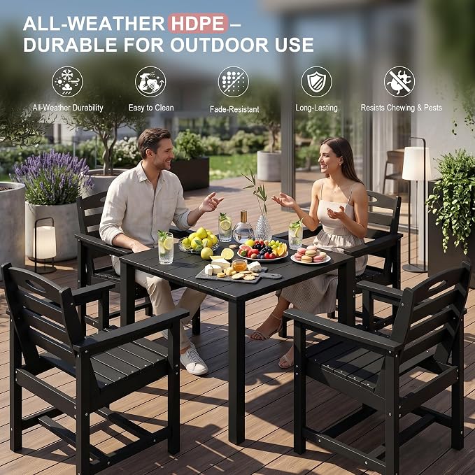 Domi HDPE Outdoor Dining Set, All-Weather Outdoor Dining Table Set of 3 with 2" Umbrella Hole, Outdoor Patio Dining Set for Garden, Poolside, Backyard, Deck, Black