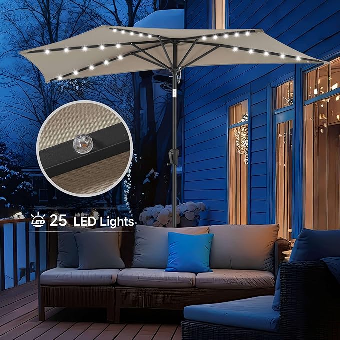 9ft Solar Half Umbrellas Outdoor - LED Half Patio Umbrella with 25 Lights, UV Protection Waterprool, Half Round Umbrella for Wall Balcony, Pool, Porch, Garden, Deck, Backyard, Taupe
