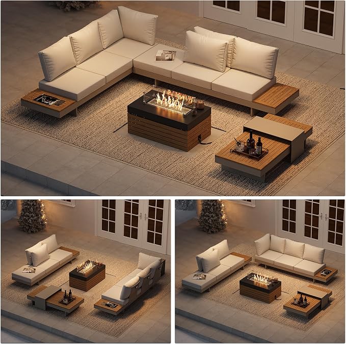 homary Patio Conversation Sets with Fire Pit-Modular Outdoor Sofa Aluminum & Teak Sofa Set with Glass Wind Guard Ideal for Patios & Balconies, Light Gray