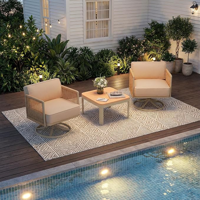 EROMMY 3 Pieces Patio Furniture Set, Metal Frame Outdoor Swivel Glider Rocking Chairs with 6" Thick Cushions & Metal Table, Patio Conversation Sets for Backyard, Poolside & Balcony, Beige