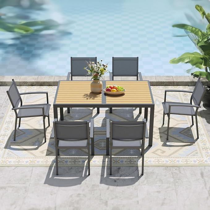 Aluminum Outdoor Table for All-Weather, 59" Patio Tables with Heavy Duty HDPS Rectangular Tabletop, Outside Table with Quick-Drying Slatted Design for Patio, Garden, Deck, Porch, Poolside, Backyard