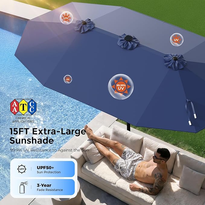 HOMSHADE 15FT Double Sided Umbrella with Light Strips and Base, Rectangle Oversized Patio Umbrellas, Extra Large Outdoor Table Umbrella for Pool, Patio, Garden (Navy Blue)