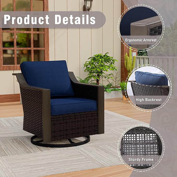 7 PCS Wicker Patio Conversation Set, All-Weather Use Outdoor 2 PE Rattan Swivel Chair, 2 PE Rattan Chair, 2 Ottoman, 1 Patio Sofa, Removable Water-Resistant Cushion, Blue
