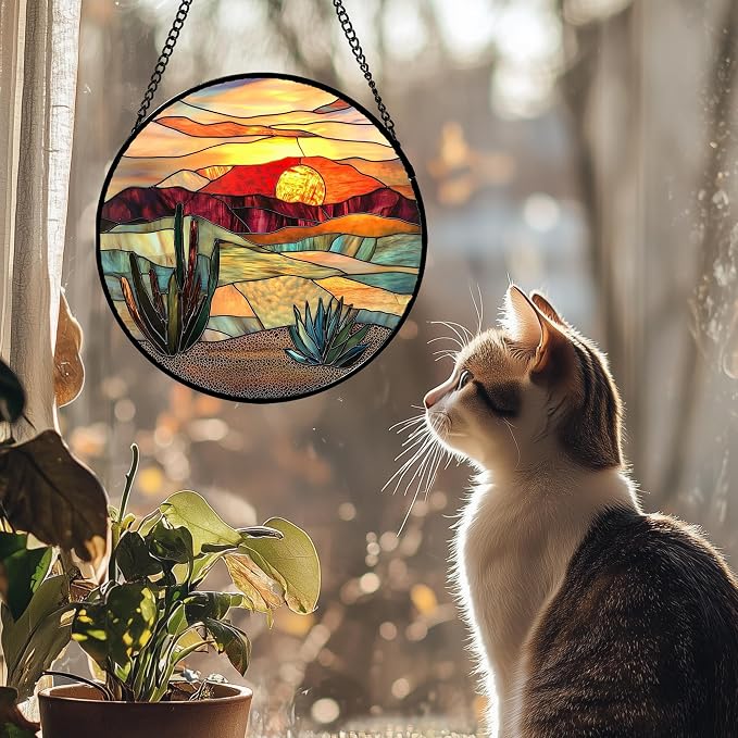 DASTOLL Stained Glass Window Hanging, Golden Landscape Dusk Sunset Suncatcher for Doors Window Home Cactus Sun Catchers Decoration Mother's Day Birthday Gifts for Women, Men, and Mom 9.8 in