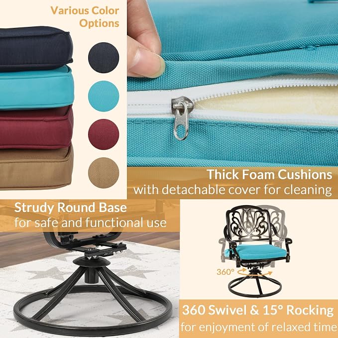 9 Piece Outdoor Patio Dining Set for 8, Cast Aluminium Large Square Dining Table & 8 Swivel Rocker Chairs with Removable Cushions, Umbrella Hole, Patio Furniture Set for Garden, Ocean Blue