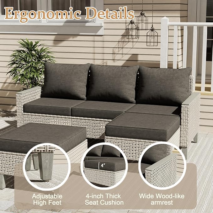 8 Pieces Patio Furniture Set with Fire Pit Table and Ottomans, Modern Outdoor Sectional Sofa with Comfy Cushions, Modular Wicker Rattan Patio Conversation Set, Black