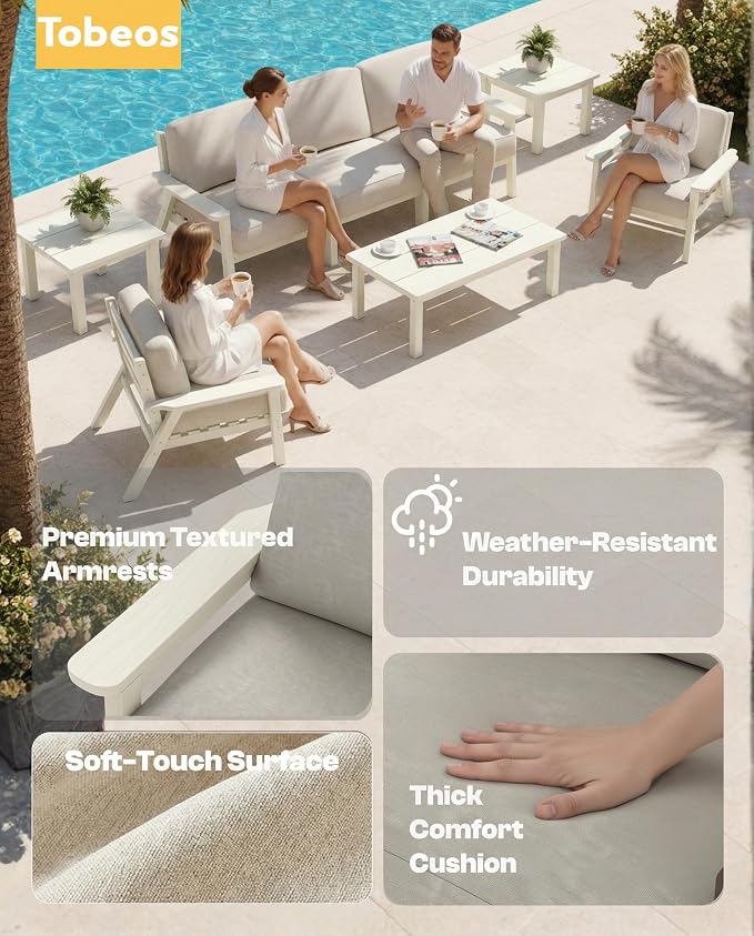 HDPE Patio Furniture Set 5 Seats with Cantilever Umbrella, Outdoor Couch with Washable Thick Beige Cushions & Tables, Outdoor Sectional Furniture for Deck, Lawn, Porch (White Frame)