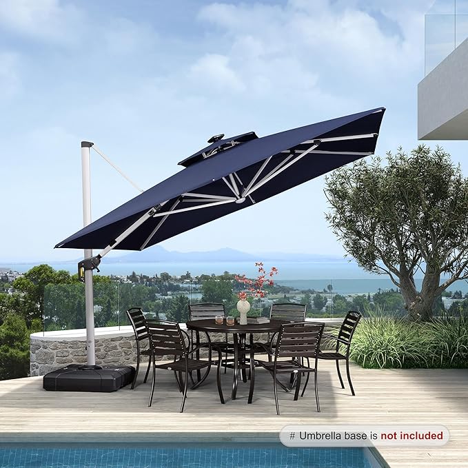 PURPLE LEAF 11 Feet Double Top Deluxe Solar Powered LED Square Patio Umbrella Offset Hanging Umbrella Outdoor Market Umbrella Garden Umbrella, Navy Blue