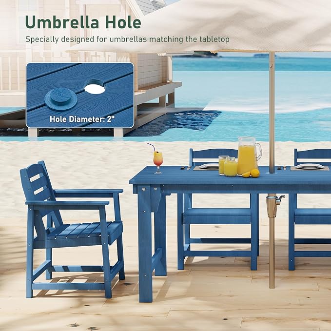 Furnimart Outdoor Dining Table for 4-6 Person, 67" HDPE All-Weather Dining Table with Umbrella Hole, Oversized Patio Dining Set, Outdoor Furniture for Backyard, Garden, Lawn & Poolside, Rectangle Blue