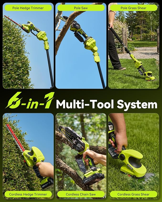 Supstable Cordless Pole Saw & Hedge Trimmer 6-in-1, Mini Chainsaw Cordless/Electric Hedge Trimmer with Extension Pole, 15Ft Reach, Extendable Tree Pruner, Bush Trimmer Limb Branch Cutter, Grass Shears