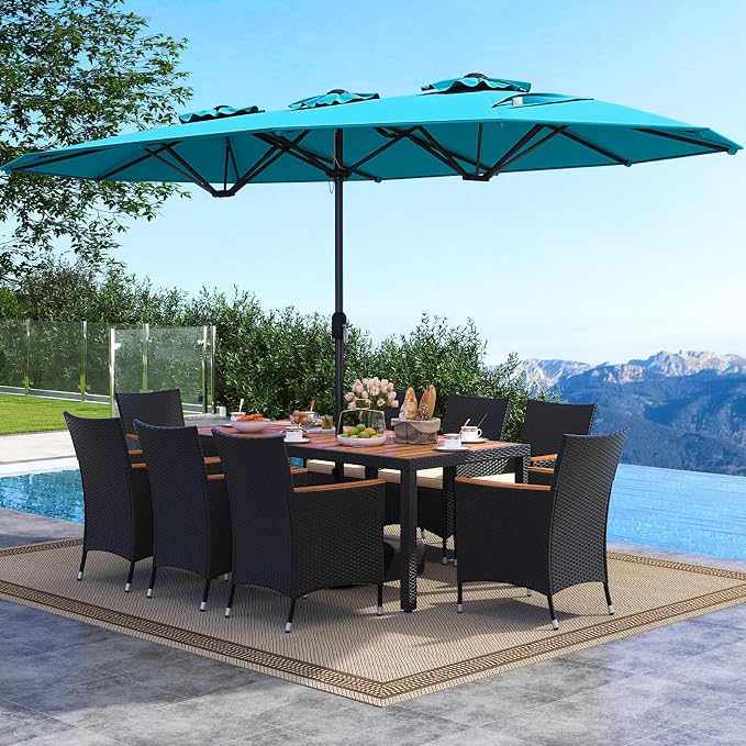 Tangkula 11 Piece Patio Wicker Dining Set w/Double-Sided Patio Umbrella, 8 Stackable Cushioned Chairs, 71" Acacia Wood Dining Table & 15 ft Umbrella with Weighted Base (Turquoise + Off White)