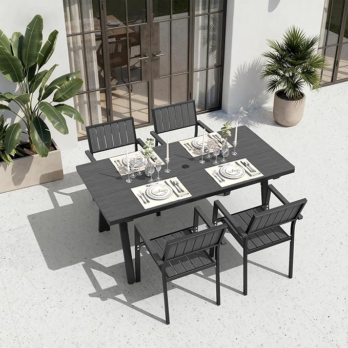 Ciokea Aluminum Outdoor Dining Sets for 4, Patio Table and Stackable Chairs Set with Umbrella Hole, All-Weather HDPS Durable Furniture for Backyard, Poolside, Lawn & Garden | 5-Piece, Grey