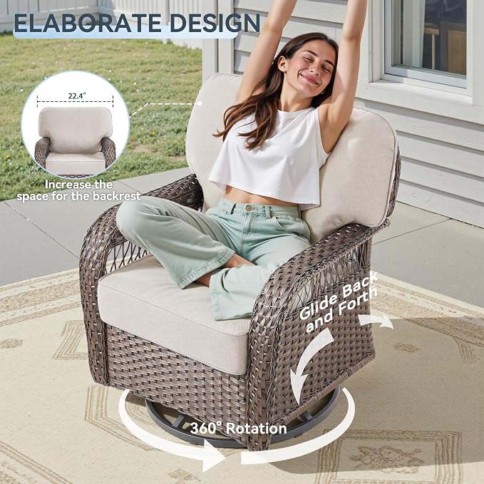 3 PCS Patio Swivel Rocking Chairs Set, Outdoor Wicker Furniture with 5-Inch Thick Olefin Cushions & Rattan Side Table, 360° Swivel Rocker Chairs for Garden, Porch, Backyard, Beige/Brown Wicker