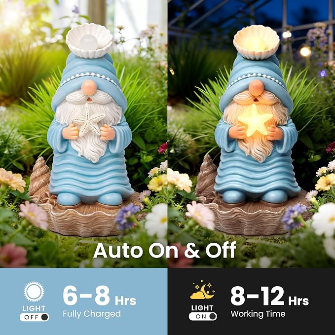 GIGALUMI Garden Gnome Statue, Solar Gnomes Ocean Themed Outdoor Decor, Decoration for Patio Yard Lawn Beach Room, Christmas/Birthday Gift for Mom Women