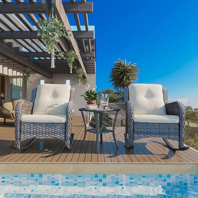 Outdoor Wicker Rocking Patio Chairs Set of 2 and Matching Side Table - All-Weather 3 Piece Wicker Patio Bistro Sets Patio Rocker Chairs Alloy Steel Frame & Premium Fabric Cushion, Beige