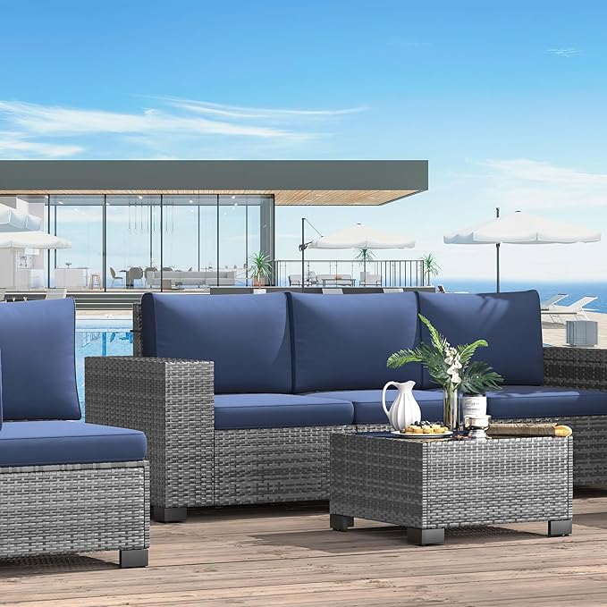 Patio Furniture Set, 12 Pieces Outdoor Sectional Sofa Conversation Sets with Waterproof Cover Modern Wicker Seating Set, 4'' Thickened Cushions & 2 Glass Coffee Table, Navy Blue
