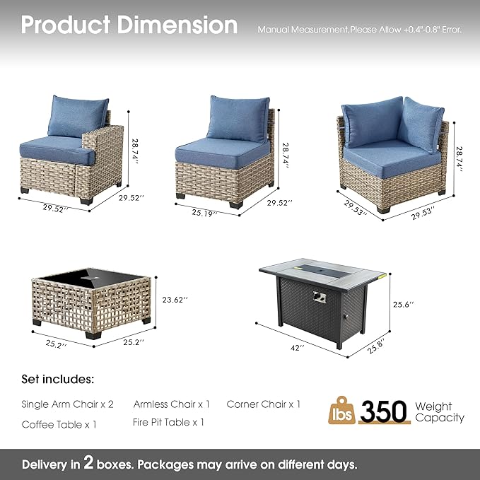 Outdoor Sectional Patio Furniture Set with Fire Pit,7 Pieces Rattan Conversation Sets,Out Door L Shaped Furniture with Glowing Coffee Table,Denim Blue