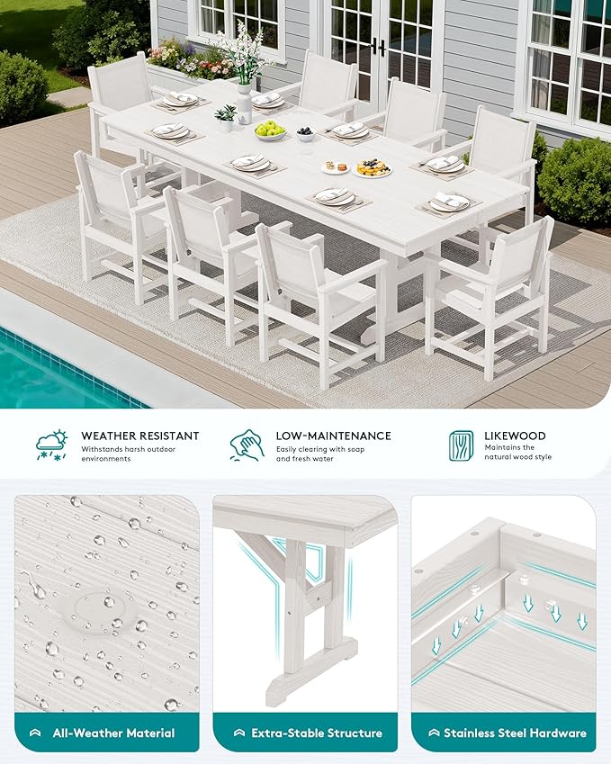 SERWALL 9 Piece Outdoor Dining Set, 84" HDPE Outdoor Large Table and Textilene Sling Chairs for 8，All Weather Patio Dining Furniture Set with Umbrella Hole for Backyard, Garden, White