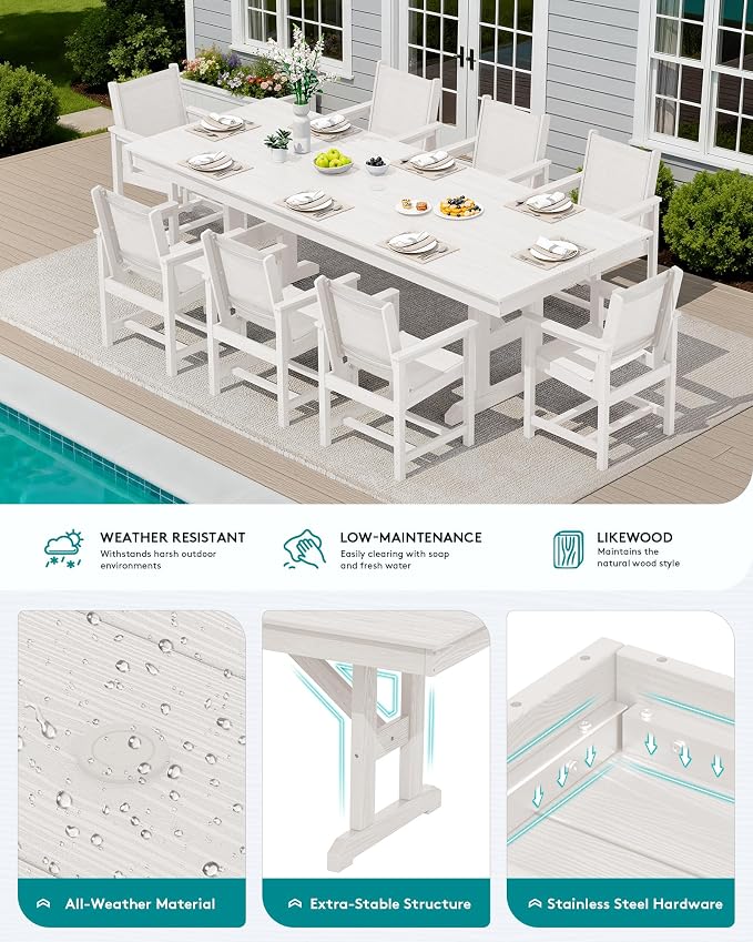 SERWALL 9 Piece 84" HDPE Outdoor Dining Set for 8 with Textilene Chairs and Umbrella Hole, White