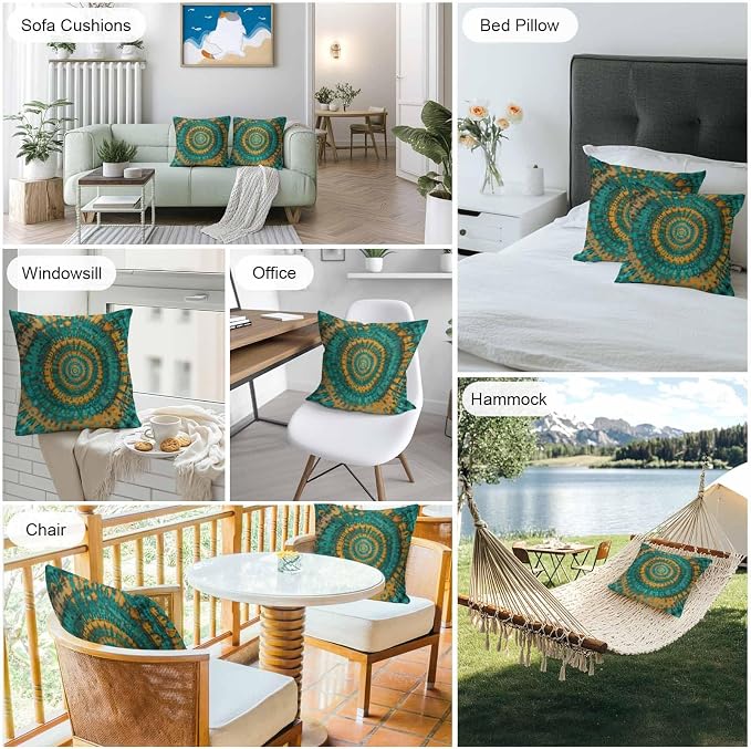 Vandarllin Outdoor Throw Pillows Covers 20x20 inch Set of 2 Waterproof Turquoise Yellow Tie-Dye Art Decorative Zippered Cushion Covers for Patio Furniture, Abstract Boho Tribe Lumbar Pillowcases