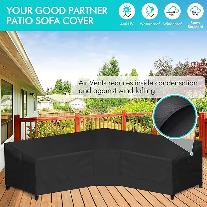 WLEAFJ Patio V-Shaped Sectional Sofa Cover Waterproof, Heavy Duty Outdoor Sectional Couch Cover, Lawn Patio Furniture Cover with Air Vent 89" L (on Each Side) x 33.5" D x 31" H, Black