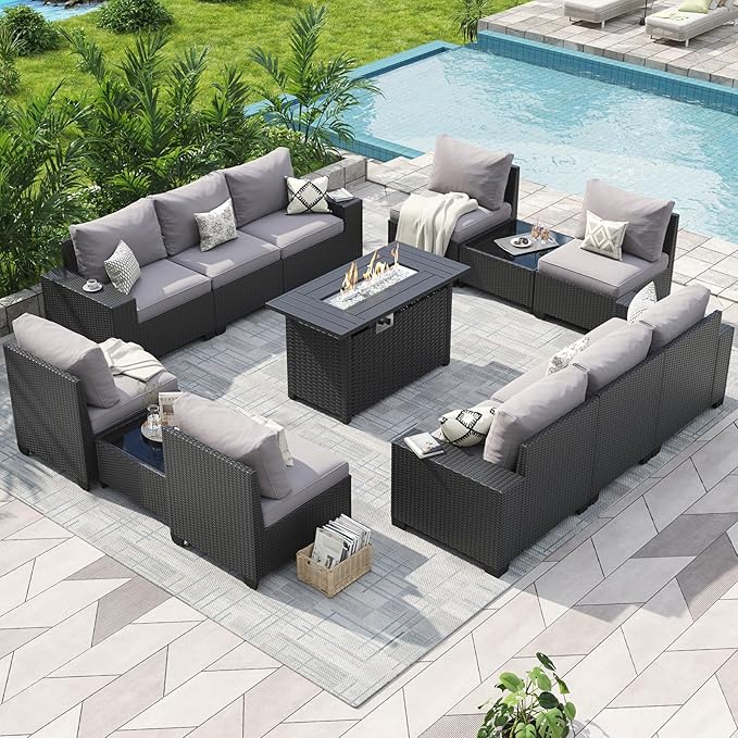 Aoxun Patio Furniture Sets with 44'' Fire Pit, 13 Pcs Outdoor Patio Coversation Set with 4in Thicken Cushion, Widen Armrests Wicker Outdoor Sectional for Backyard (Waterproof Cover Include)