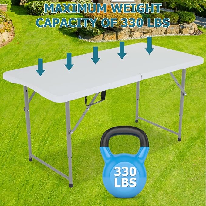 4FT Folding Table, Height Adjustable Table, Heavy Duty Plastic Tables Portable Fold-in-Half Utility Table w/Handle & Lock for Camping BBQ Party Banquet Wedding Market Events, 330LBS