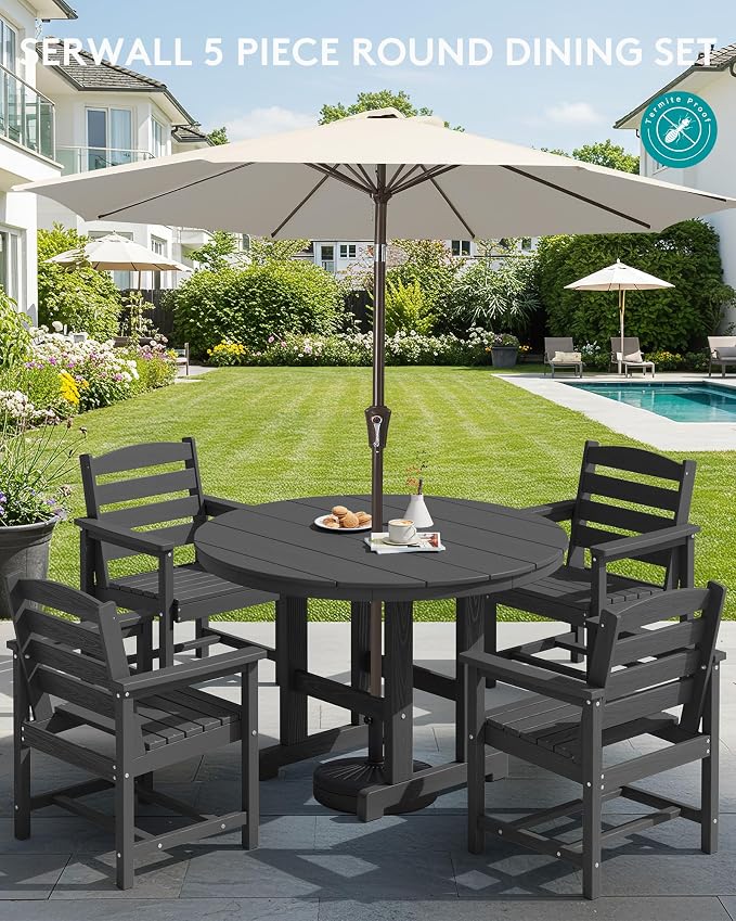 SERWALL Outdoor Round Dining Sets with Umbrella, HDPE Patio Table and Chairs Furniture Set, 45" Round Dining Table & 4 Dining Chairs & 1 9FT Umbrella, Black(Not Include Umbrella Base)