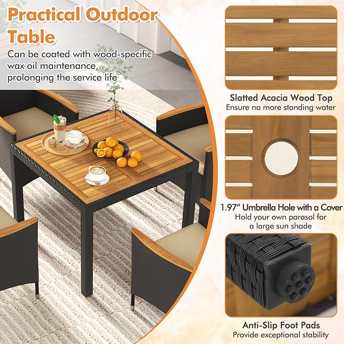 COSTWAY 5-Piece Patio Dining Set for 4, Outdoor Rattan Wicker Table and Chairs Furniture Set with Umbrella Hole, Acacia Wood Tabletop for Backyard, Balcony, Poolside, Black & Beige