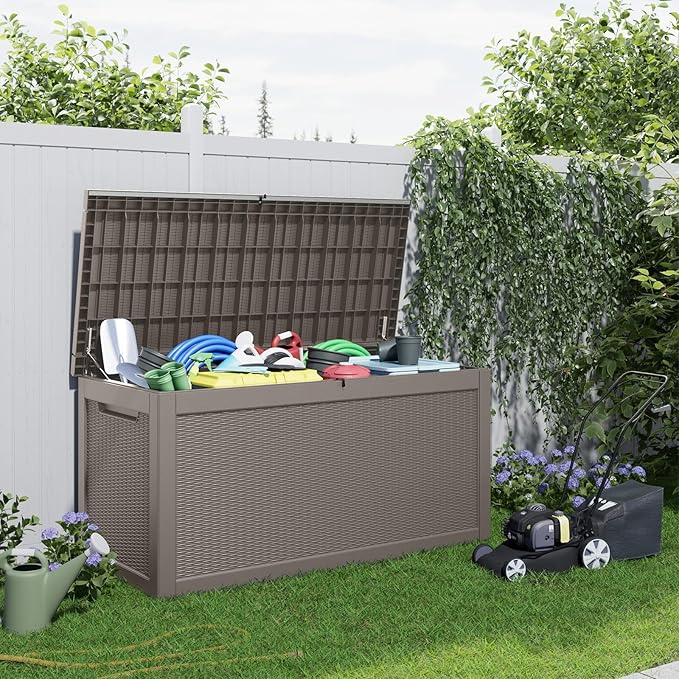 DRATO 320 Gallon Outdoor Storage Box Waterproof, Resin Large Deck Box for Patio Furniture Bench, Pool Garden Tools, Weatherproof Outside Storage Bin for Backyard Porch (Grey, 320 Gallon)