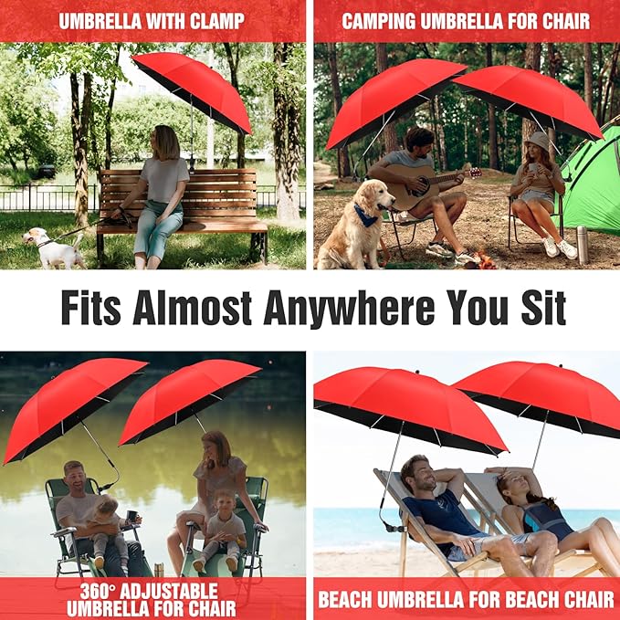 2 PACK Beach Umbrella with Clamp, 360 ° Adjustable Umbrellas for Chair, UPF50+ Umbrella for Beach Chair, Patio Chair, Wheelchair, Camping Chair, Golf Carts (Chair Not Included)