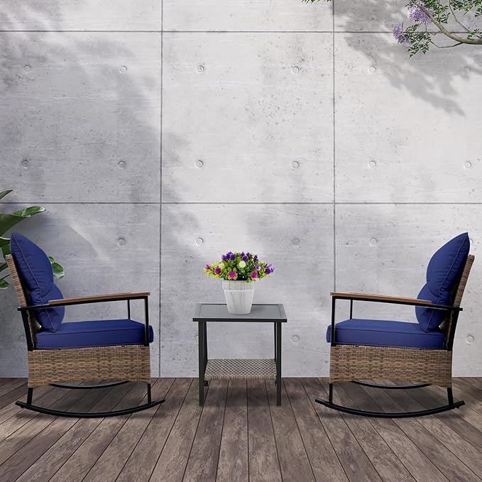 COOS BAY Sunset Haven 3 Piece Outdoor Patio Furniture Set, Rocking Chairs with Side Table, Wicker Patio Bistro Set, Brown/Blue