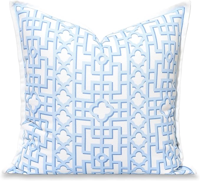 Hofdeco Premium Grandmillennial Coastal Hampton Patio Indoor Outdoor Throw Pillow Cover Only, 20"x20" Water Repellent for Backyard, Couch, Poolside, Baby Blue Print Fretwork Trellised Screen