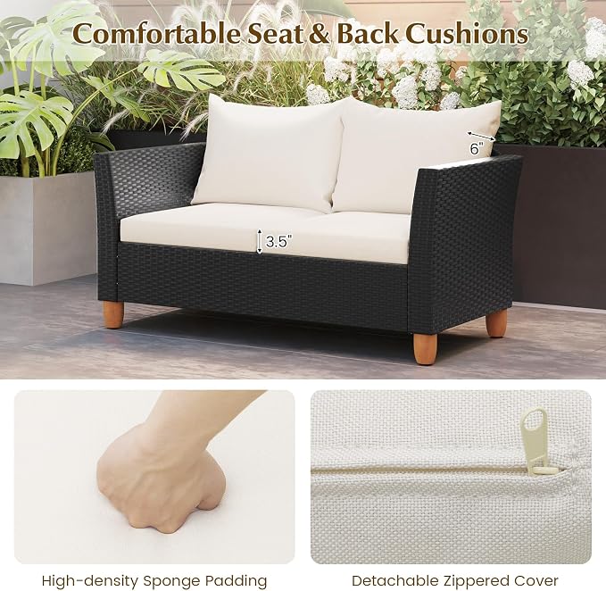 HAPPYGRILL 4 Pieces Wicker Patio Conversation Set, PE Rattan Chair & Ottoman Set with Removable Cushions, Storage Coffee Table, Outdoor Furniture Set for Garden Backyard Poolside (Off White)