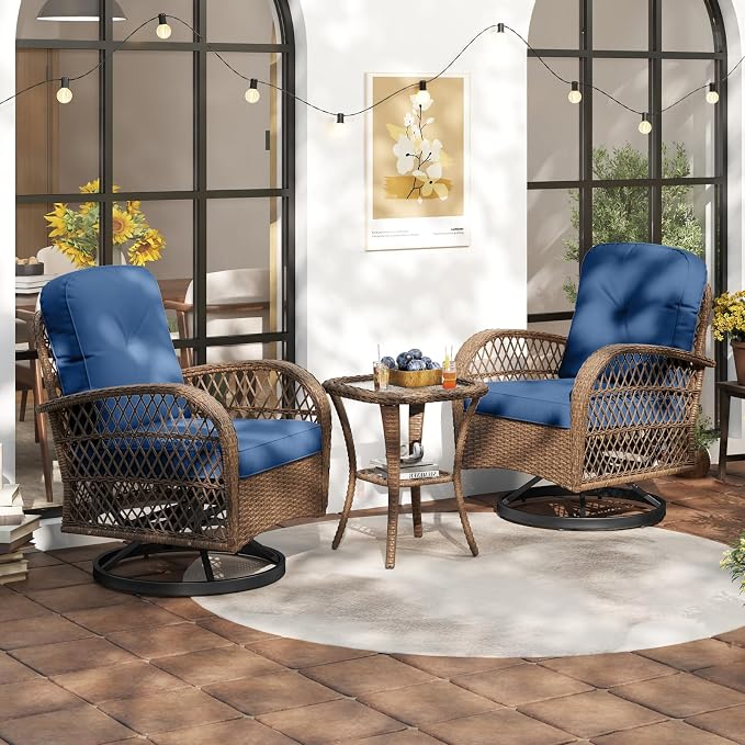 ORALNER 3 Pieces Wicker 360° Swivel Rocker Set Patio Furniture, Rocking Chairs with Cushions, Tempered Glass Coffee Table, Outdoor Rattan Bistro Set for Balcony Front Porch Deck Poolside (Navy)