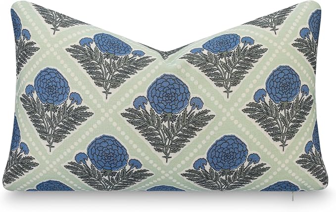 California Casual Coastal Indoor Outdoor Lumbar Pillow Cover, 12"x20" Water Repellent for Patio, Backyard, Couch, Azure Light Green Block Print Vintage Hydrangea Flowers