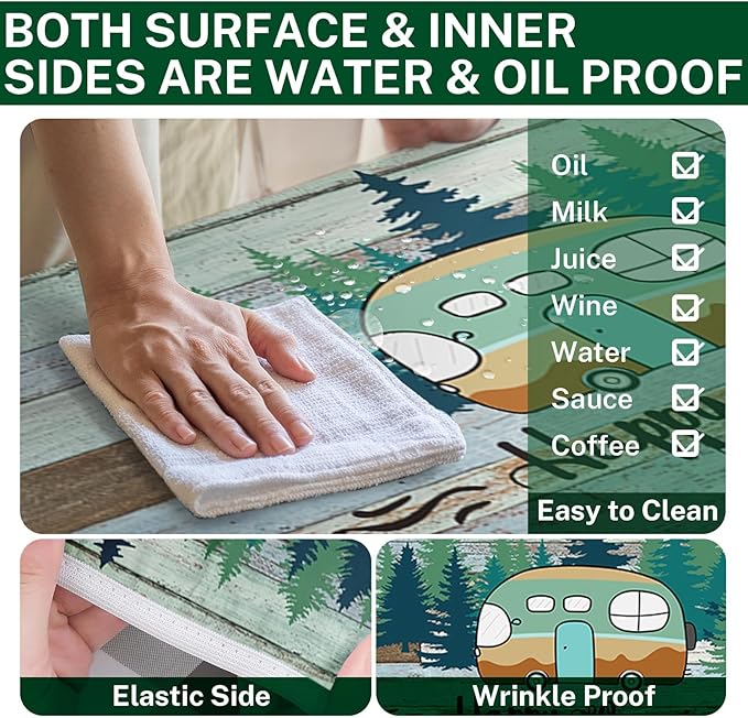 Picnic Table Cover with Bench Covers Elastic Edges, Green Camper Fitted Table Cover, Outdoor Patio Camping Essentials 72 Inch 3PCS, Waterproof Camping Fitted Tablecloth with Drawstring Bag