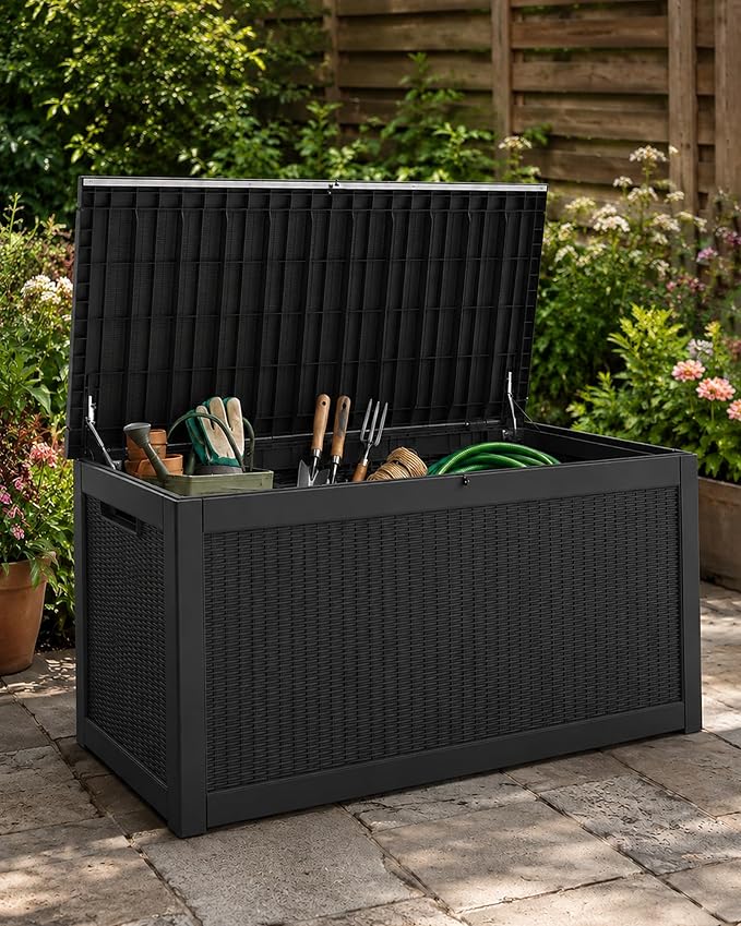 325 Gallon Extra Large Waterproof Deck Box, Heavy Duty Resin Outdoor Storage Box, Outside Storage Bench with Hydraulic Rod for Patio/Furniture Cushions/Garden Tools/Backyard/Pool Accessories, Black